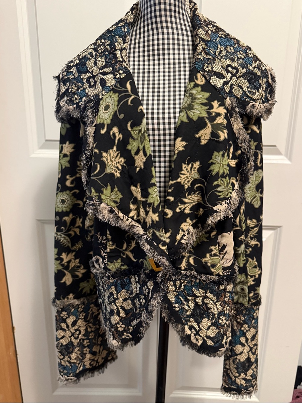 Open-Front Floral Fringe Blazer - Black & Olive